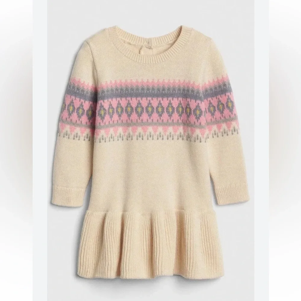 Baby GAP Fair Isle Knitted Sweater Dress Cream & Pink Patterned Size 12-18 Month